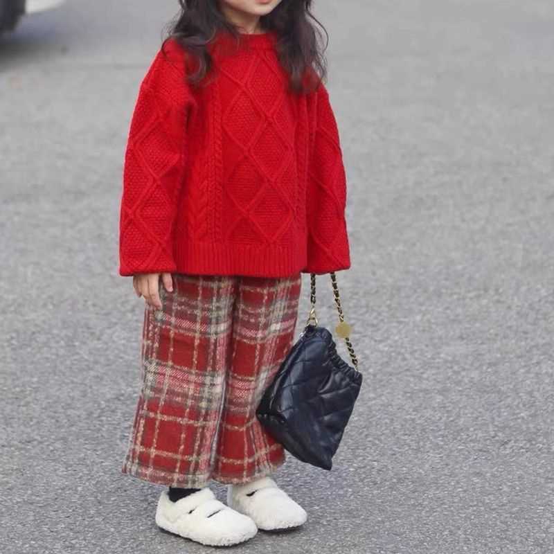 女童圣诞新年红色毛衣加厚2023冬装儿童保暖针织衫女孩圆领毛线衣