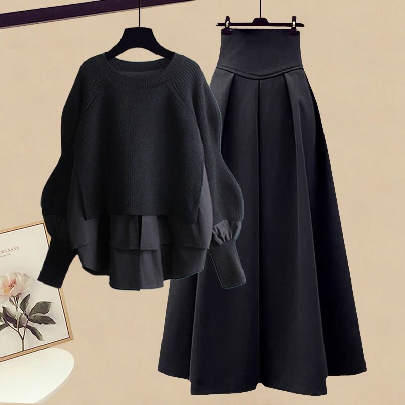 Plus Size Women's Autumn Suit Women's  New Fashion Fake Two-piece Top Temperament Slim Skirt Two-piece Set