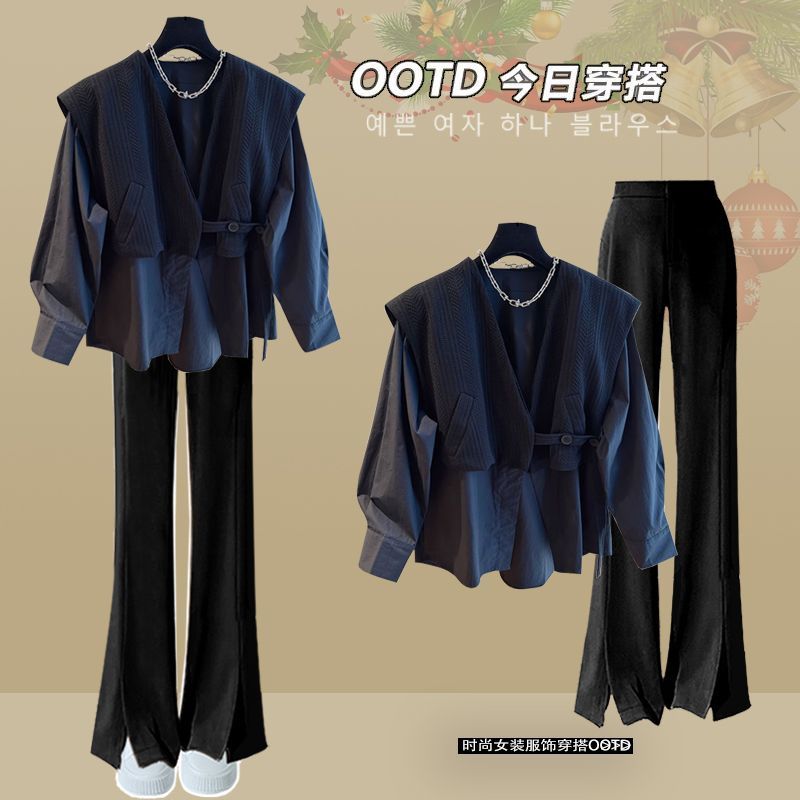 Plus size women's clothing 2023 new winter style loose fake two-piece long-sleeved tops slim fashion skirt two-piece suit