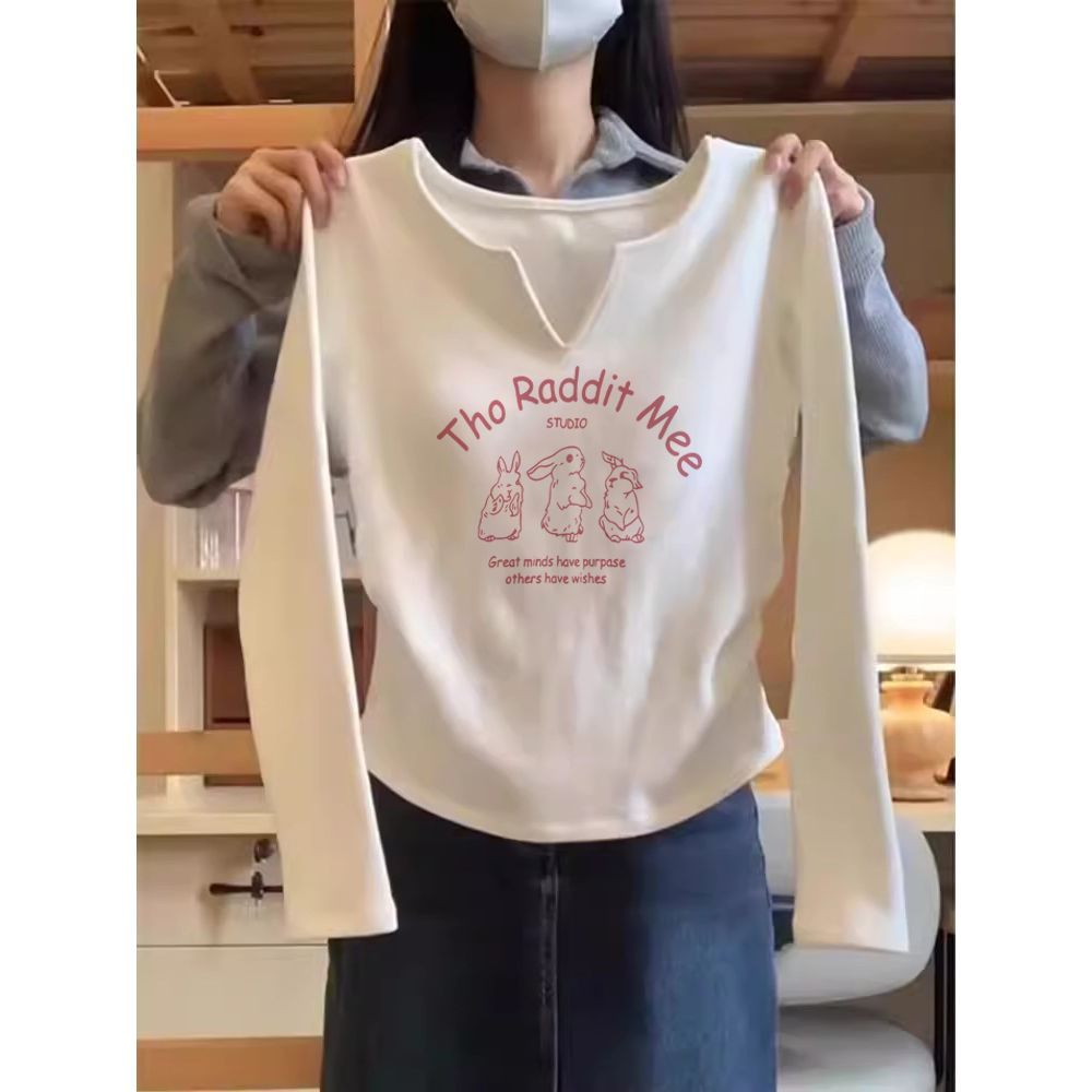白色v領打底衫2024秋冬新款女裝純欲風低領正肩內搭長袖t恤上衣潮