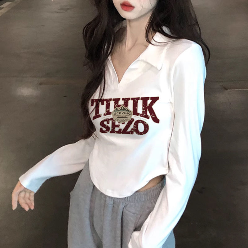 polo領純欲風長袖T恤女新款春秋設計感小眾修身內搭短款辣妹上衣