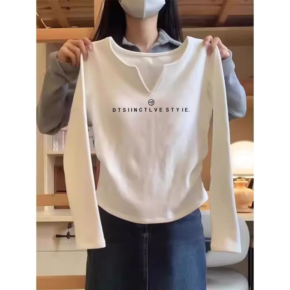 白色v領打底衫2024秋冬新款女裝純欲風低領正肩內搭長袖t恤上衣潮