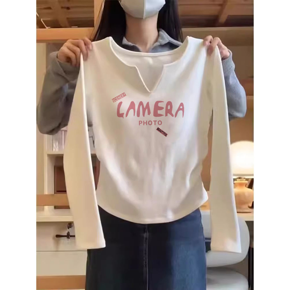 純欲風修身白色長袖T恤女秋季2024新款小個子V領百搭不規則上衣潮