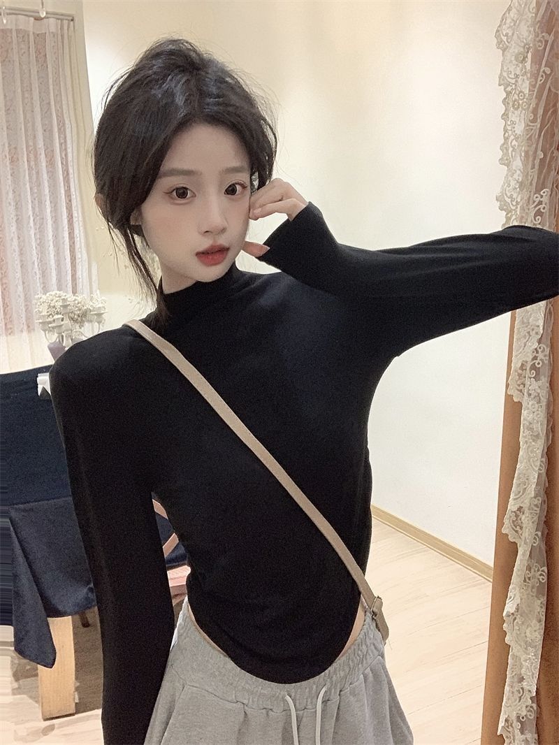 加絨半高領打底衫女秋冬內搭修身顯瘦褶皺純欲風長袖T恤短款上衣
