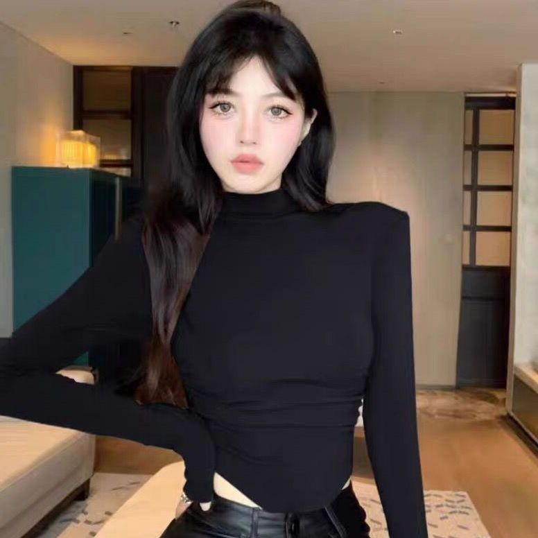 加絨半高領打底衫女秋冬內搭修身顯瘦褶皺純欲風長袖T恤短款上衣