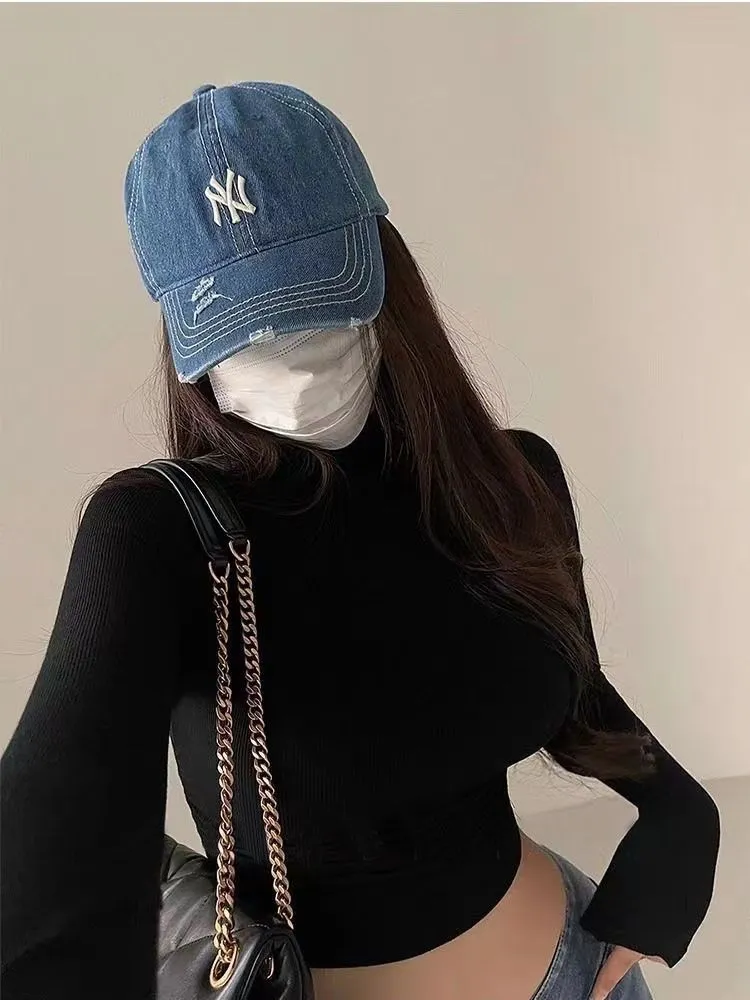 半高領打底衫新款女秋冬甜辣妹內搭長袖t恤女褶皺純欲風短款上衣