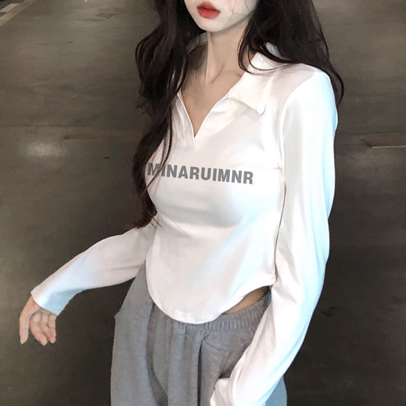 polo領純欲風長袖T恤女新款春秋設計感小眾修身內搭短款辣妹上衣