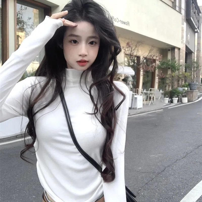 加絨半高領打底衫女秋冬內搭修身顯瘦褶皺純欲風長袖T恤短款上衣