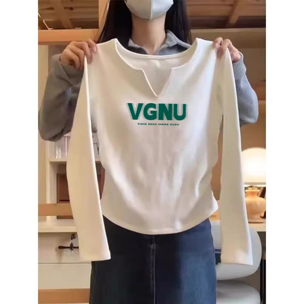 白色打底衫女內搭春秋長袖t恤女2024年新款修身v領chi短款上衣服