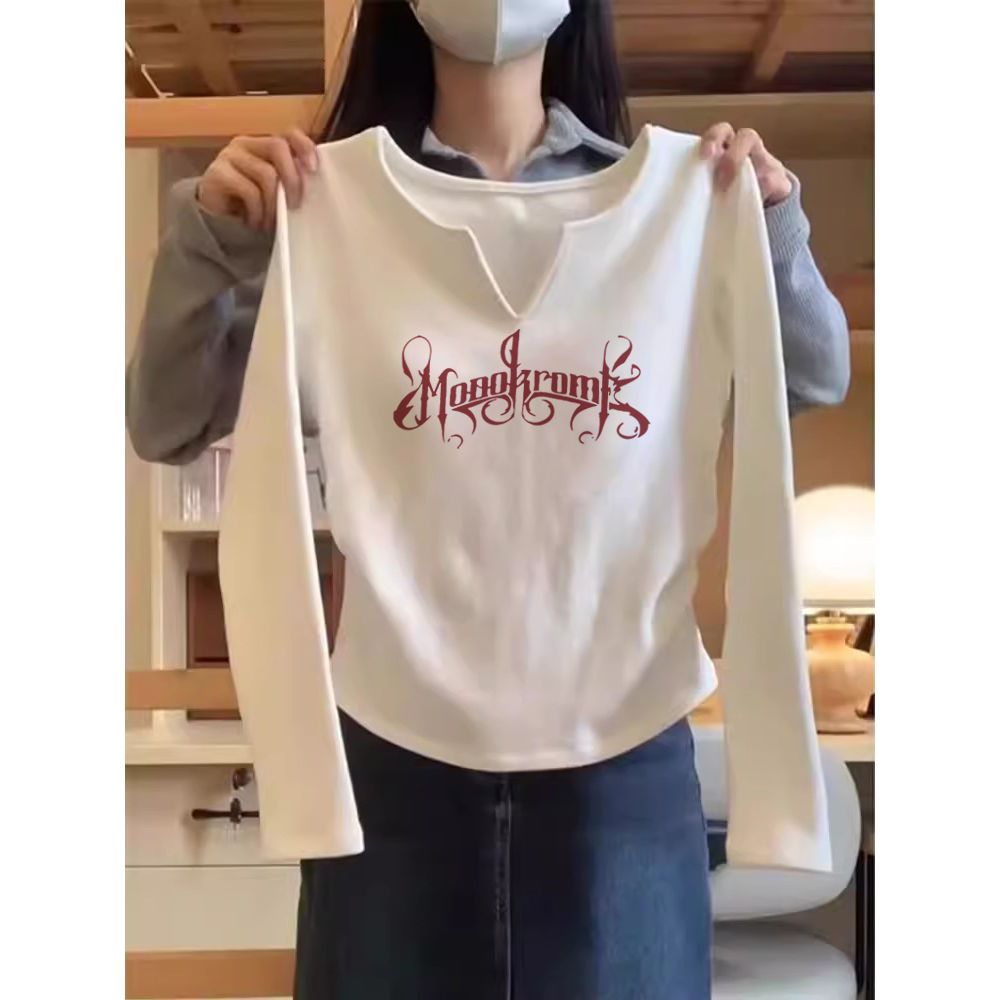 白色v領打底衫2024秋冬新款女裝純欲風低領正肩內搭長袖t恤上衣潮