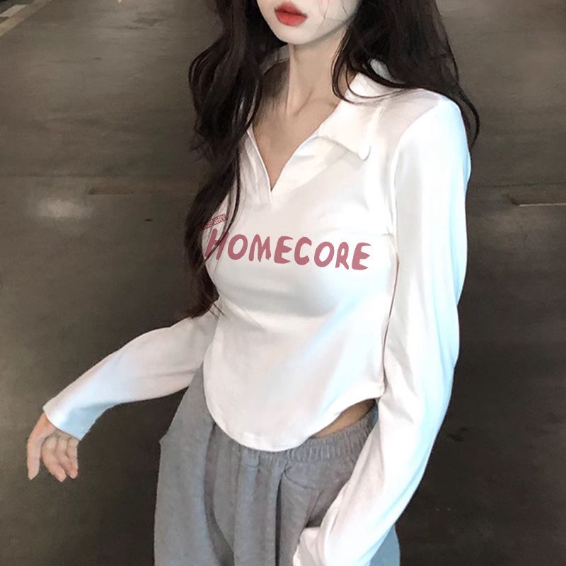 polo領純欲風長袖T恤女新款春秋設計感小眾修身內搭短款辣妹上衣