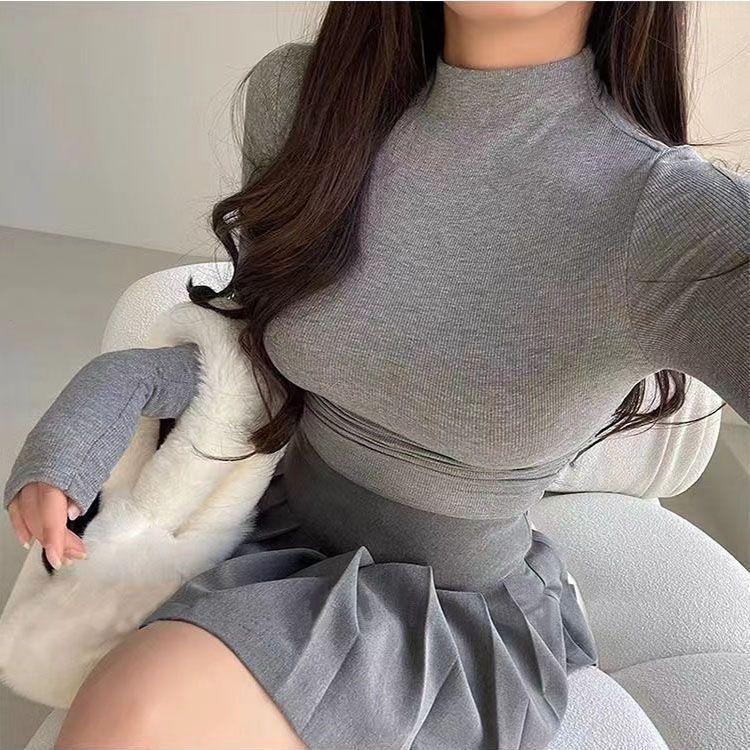 半高領打底衫新款女秋冬甜辣妹內搭長袖t恤女褶皺純欲風短款上衣