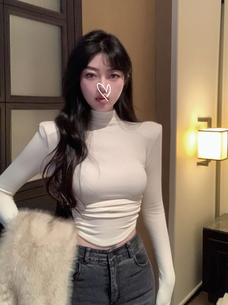 加絨半高領打底衫女秋冬內搭修身顯瘦褶皺純欲風長袖T恤短款上衣