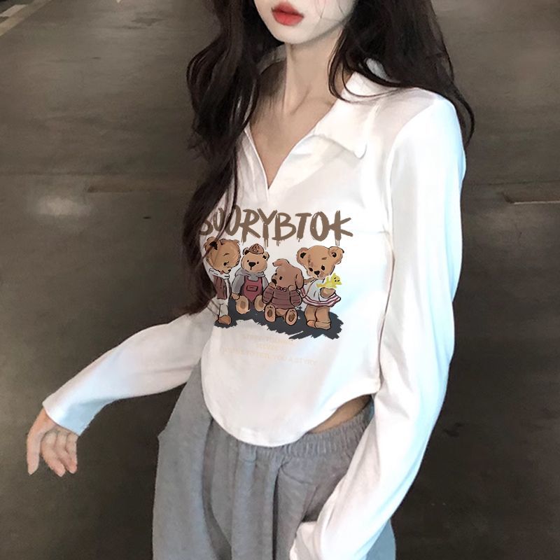 polo領純欲風長袖T恤女新款春秋設計感小眾修身內搭短款辣妹上衣