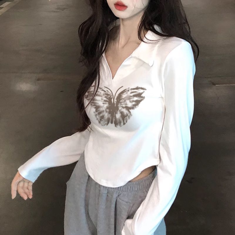 polo領純欲風長袖T恤女新款春秋設計感小眾修身內搭短款辣妹上衣