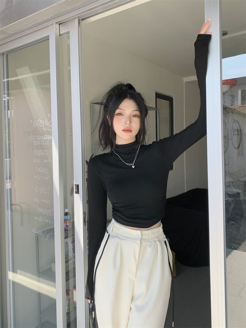 半高領打底衫新款女秋冬甜辣妹內搭長袖t恤女褶皺純欲風短款上衣