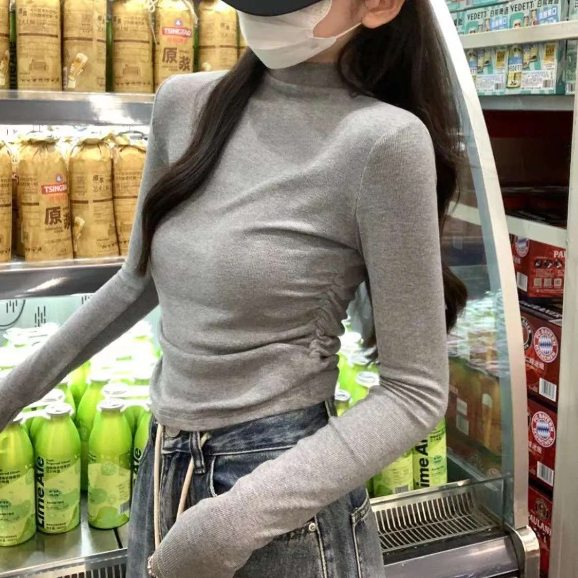 Half turtleneck bottoming shirt new style for women in autumn and winter sweet hottie long-sleeved T-shirt for women pleated pure lust style short top