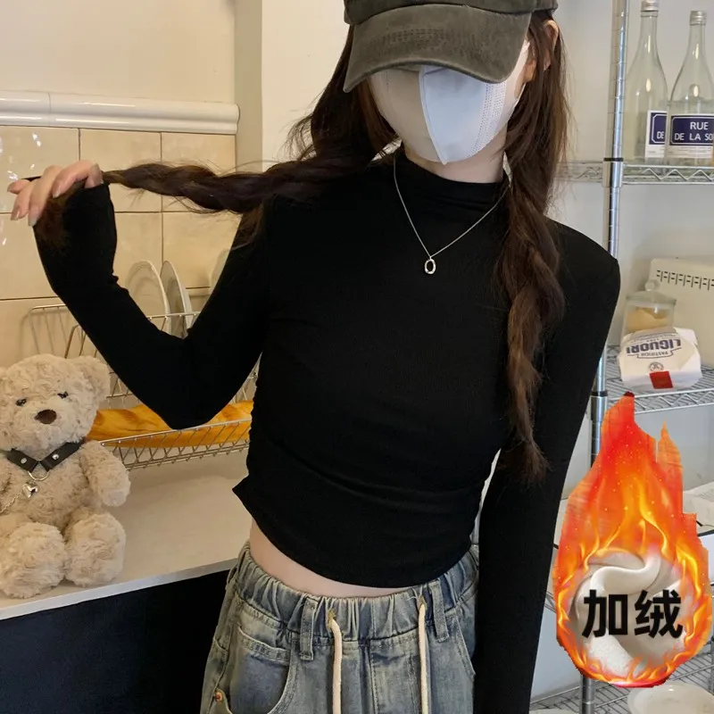 Half turtleneck bottoming shirt new style for women in autumn and winter sweet hottie long-sleeved T-shirt for women pleated pure lust style short top