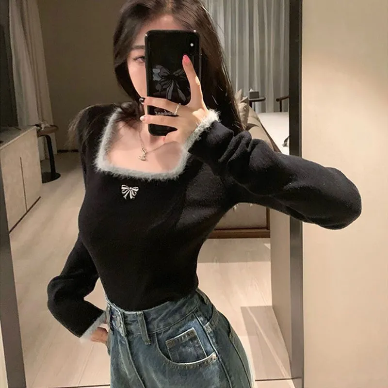 德絨軟糯方領鎖骨打底衫女內搭秋冬新款高級感洋氣顯瘦撞色上衣潮