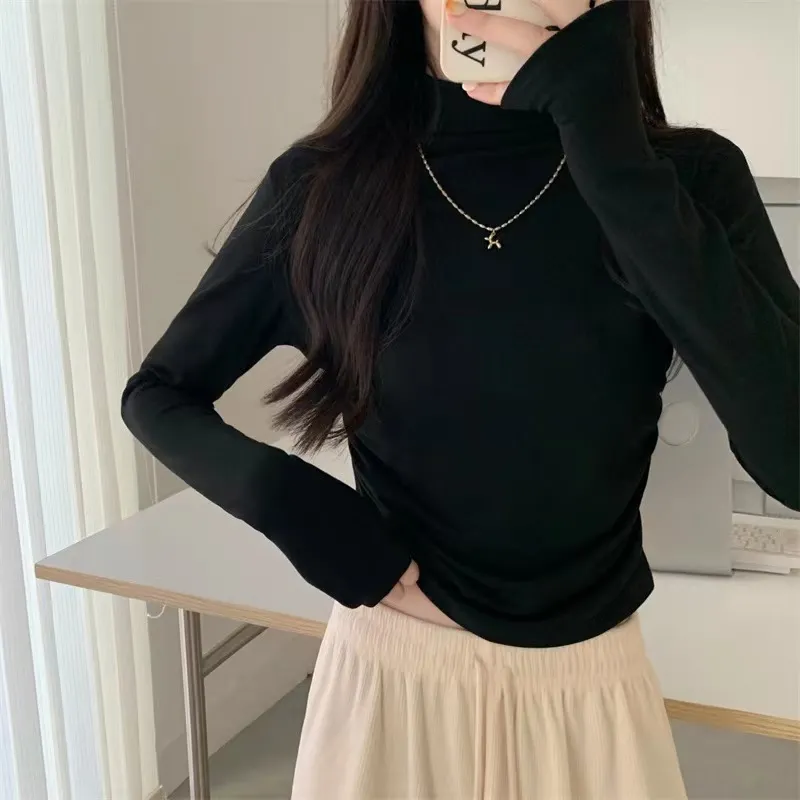 Half turtleneck bottoming shirt new style for women in autumn and winter sweet hottie long-sleeved T-shirt for women pleated pure lust style short top