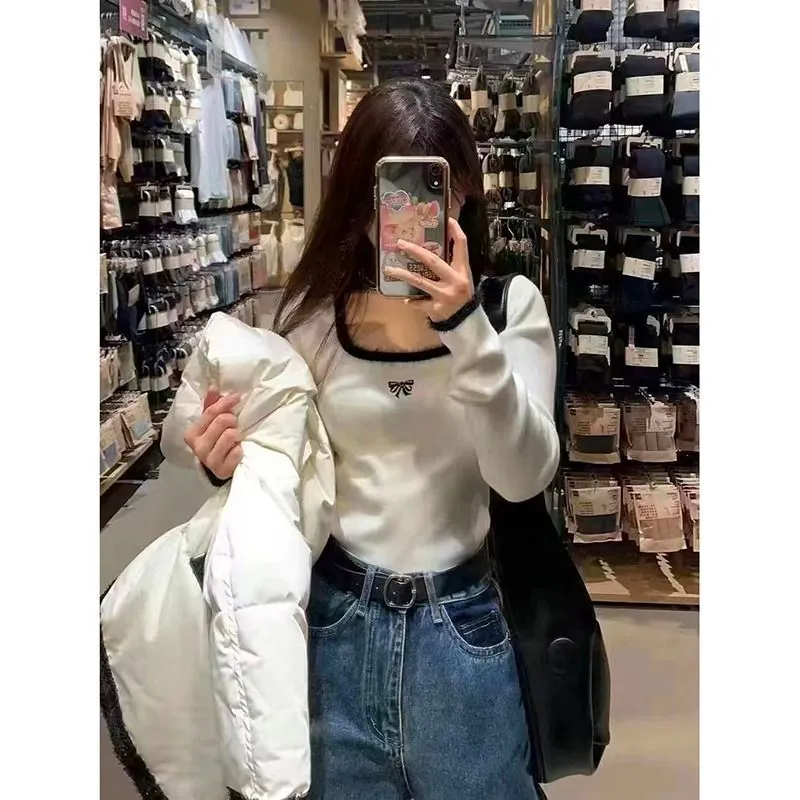 德絨軟糯方領鎖骨打底衫女內搭秋冬新款高級感洋氣顯瘦撞色上衣潮