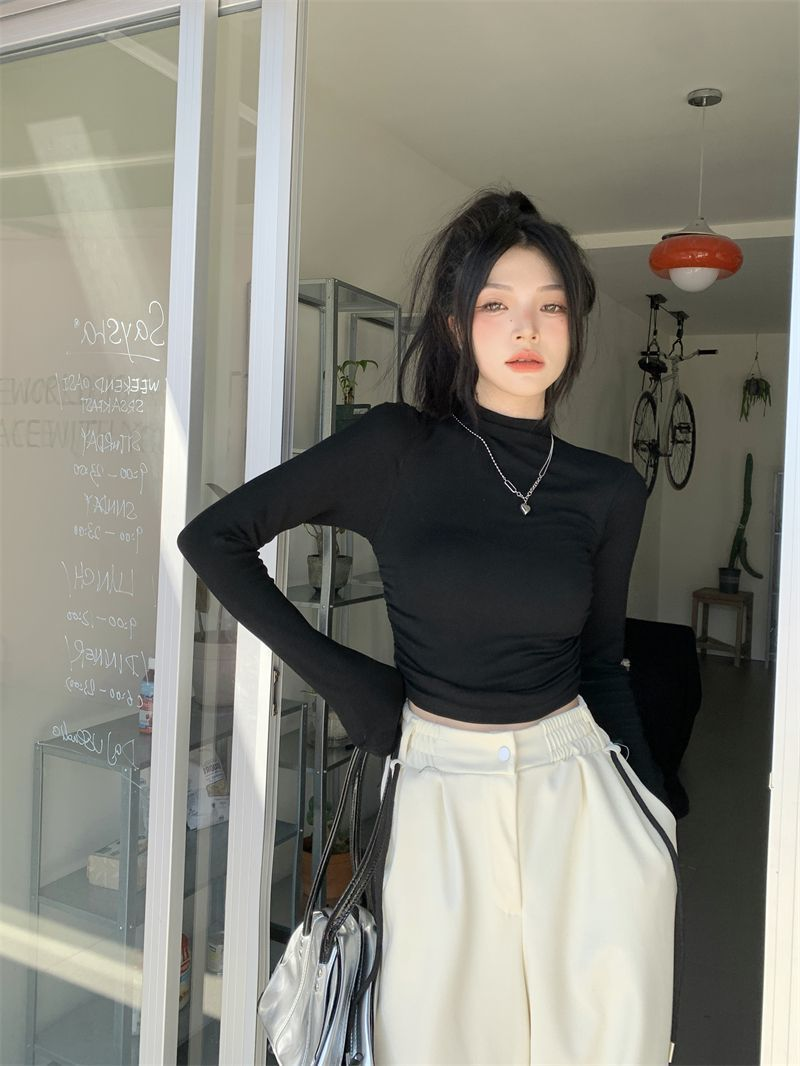 Half turtleneck bottoming shirt new style for women in autumn and winter sweet hottie long-sleeved T-shirt for women pleated pure lust style short top