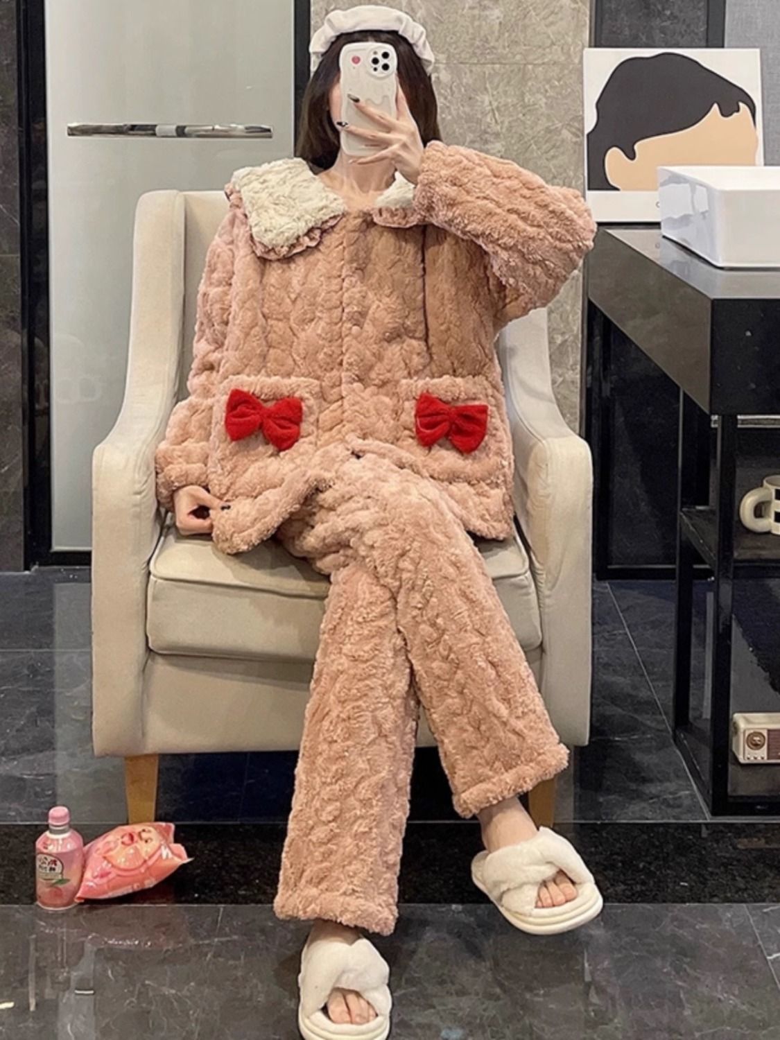 冬季珊瑚絨睡衣女加絨加厚保暖三層夾棉可外穿秋冬款家居服兩件套