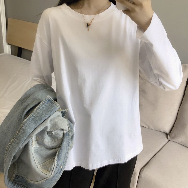 純棉長袖t恤女2024新款春秋冬季內搭打底衫胖mm遮肚上衣藏肉寬鬆