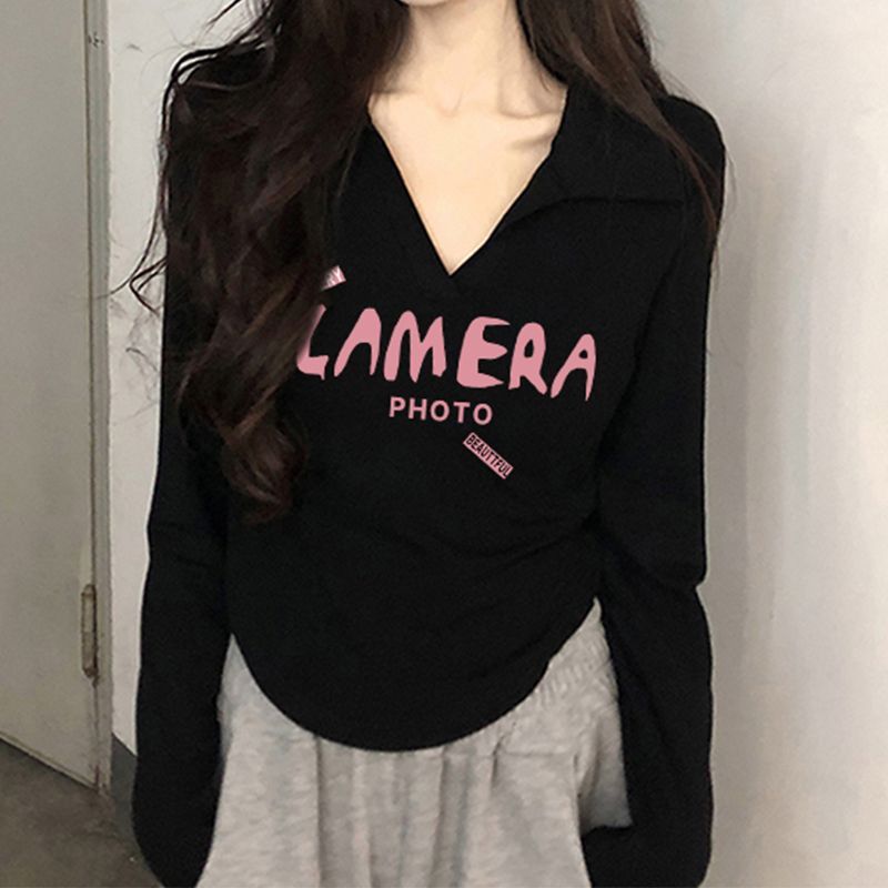 純棉正肩長袖t恤女短款新款秋季弧形下擺純欲風修身辣妹上衣ins潮