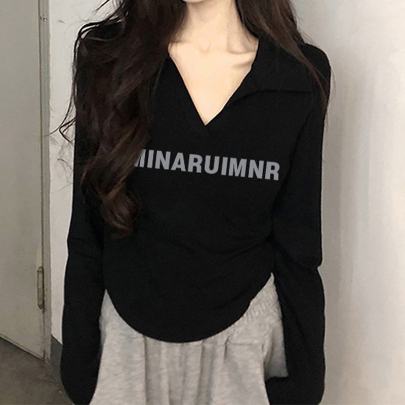 純棉正肩長袖t恤女短款新款秋季弧形下擺純欲風修身辣妹上衣ins潮