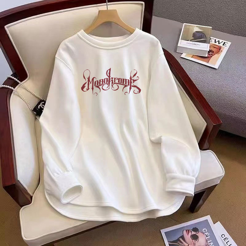 White loose velvet bottoming shirt for women in spring, autumn and winter plus velvet inner long-sleeved T-shirt design with slits and stacked tops