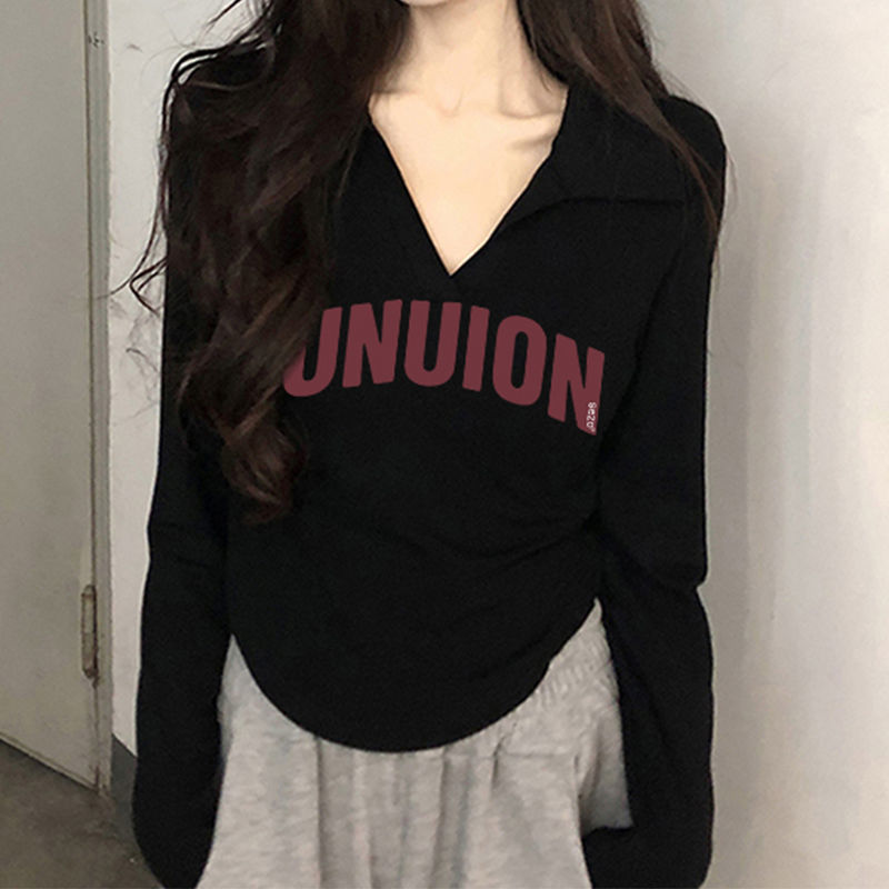 純棉正肩長袖t恤女短款新款秋季弧形下擺純欲風修身辣妹上衣ins潮