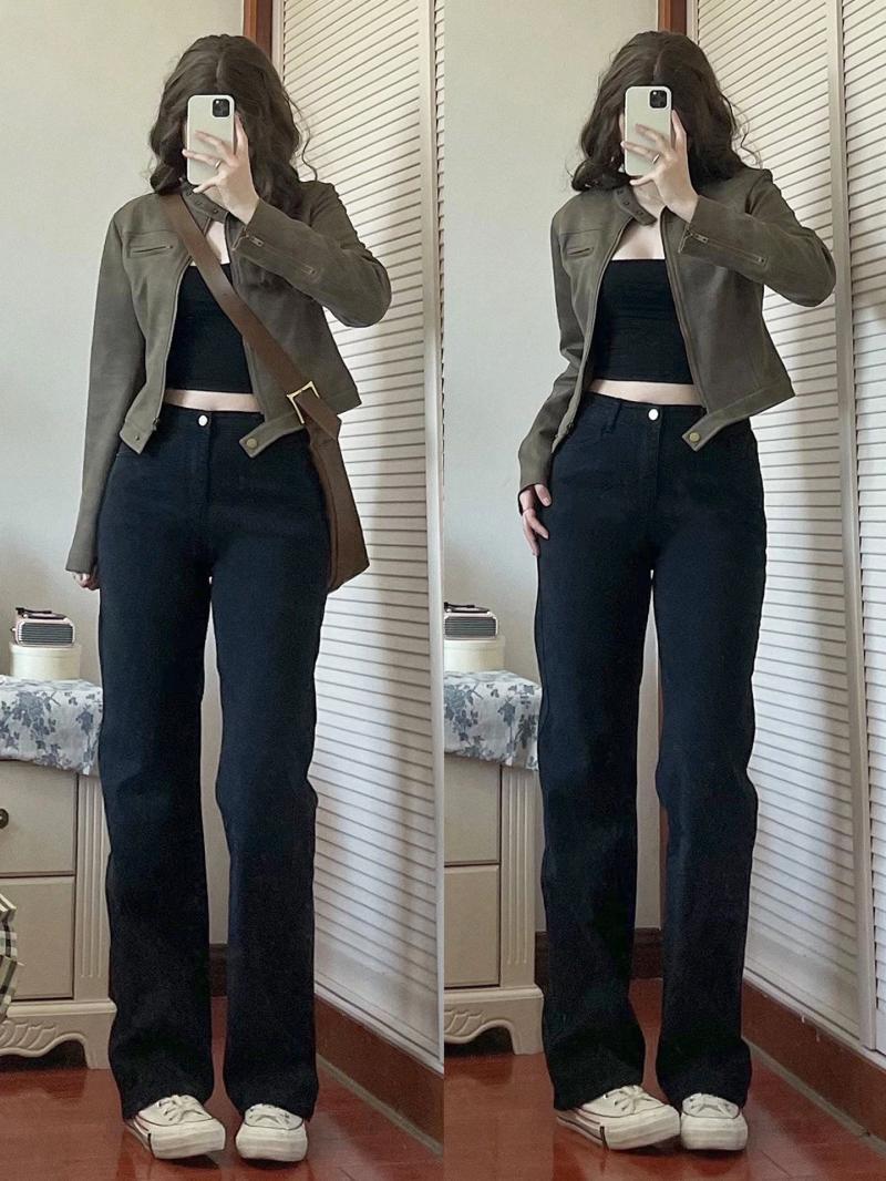 大碼胖mm黑色直筒窄版牛仔褲女秋冬小個子顯瘦高腰加絨闊腿煙管褲