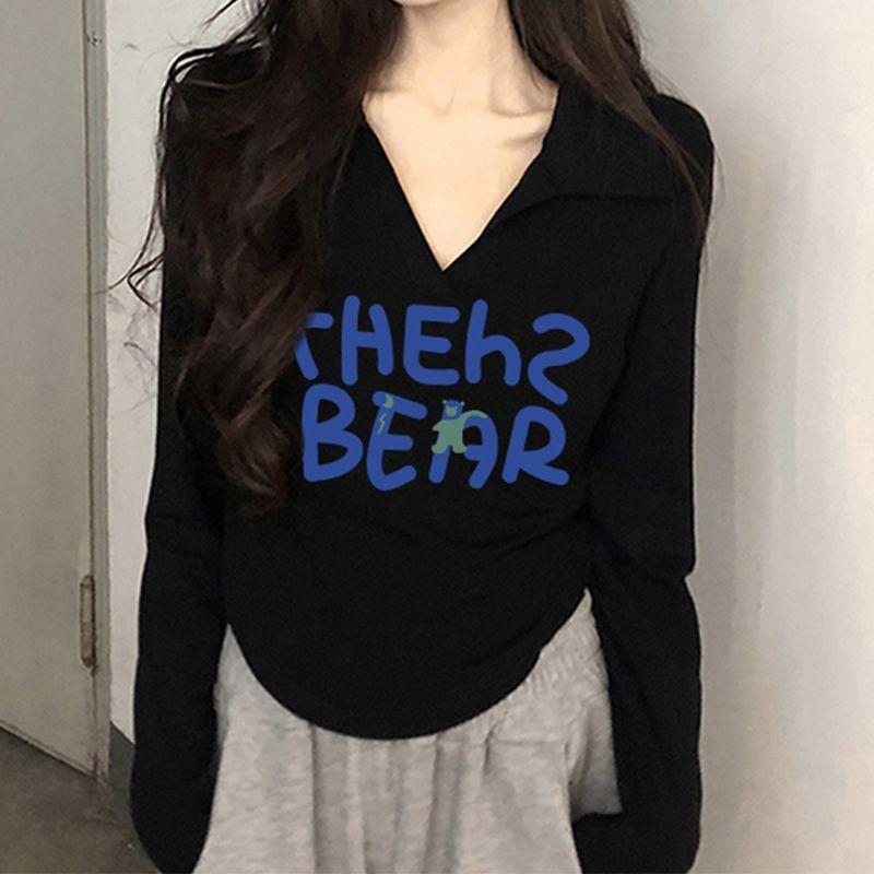 純棉正肩長袖t恤女短款新款秋季弧形下擺純欲風修身辣妹上衣ins潮