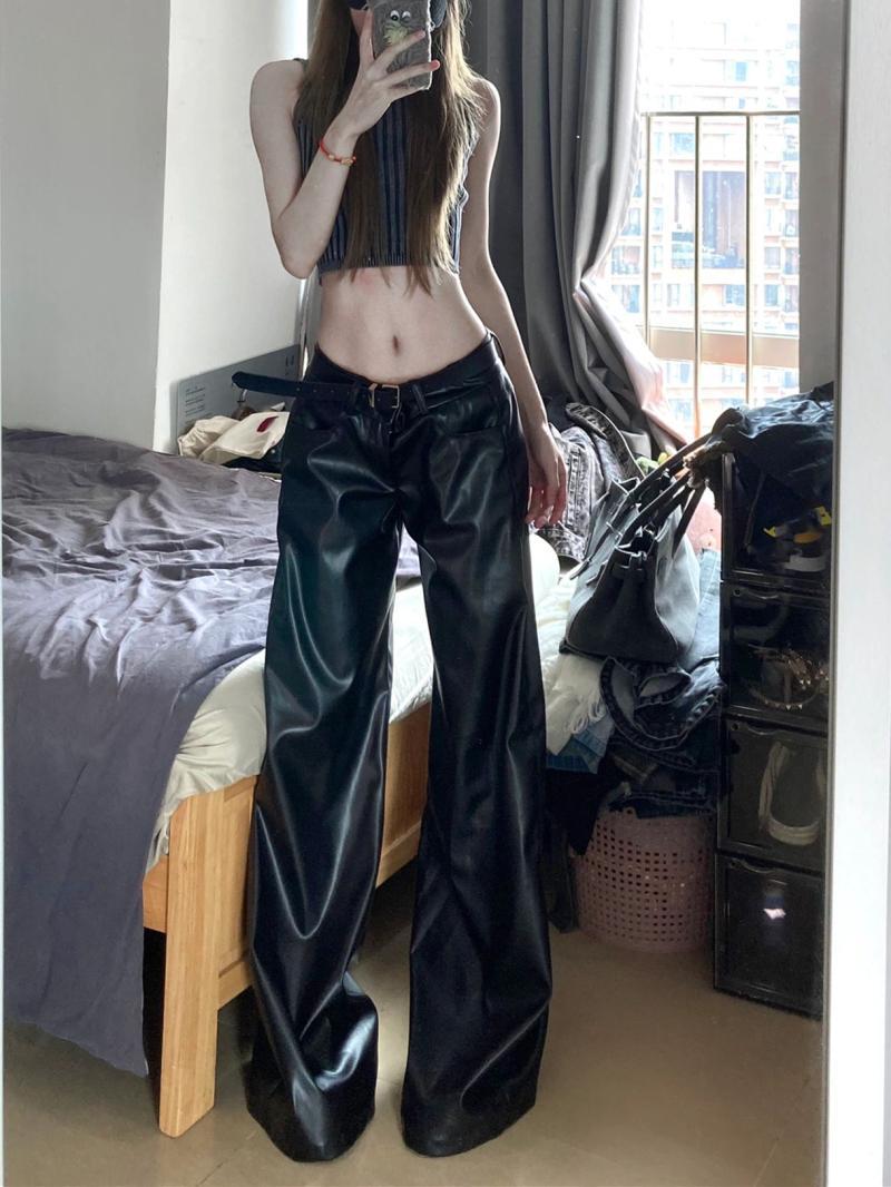 高級感黑色皮褲休閒褲女秋冬大碼胖mm寬鬆高腰直筒褲pu皮拖地長褲