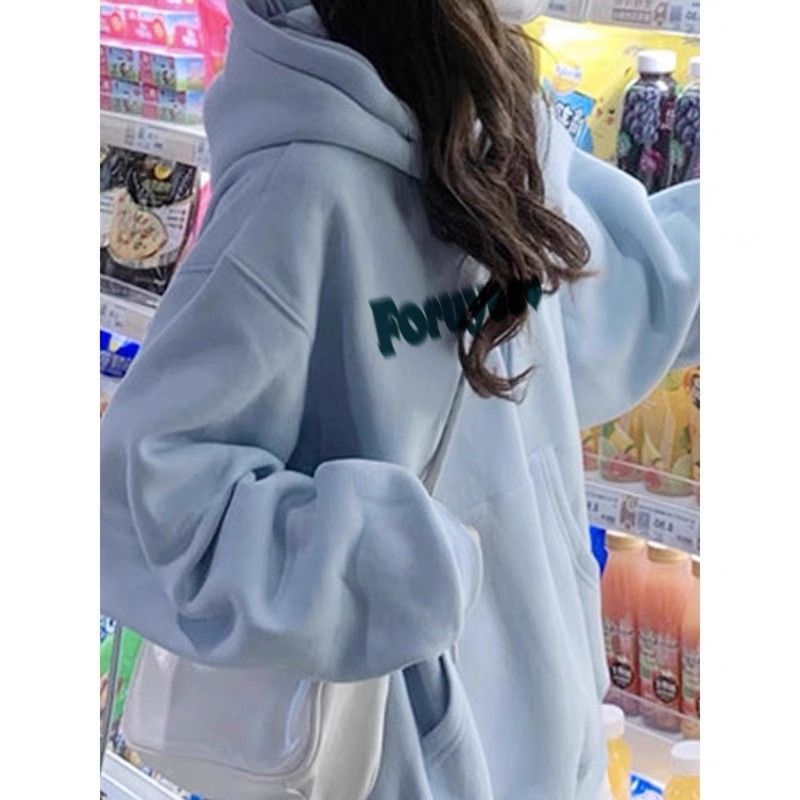 Heavyweight pure cotton silver fox velvet autumn and winter plus velvet thickened American hooded sweatshirt for women small loose lazy style jacket