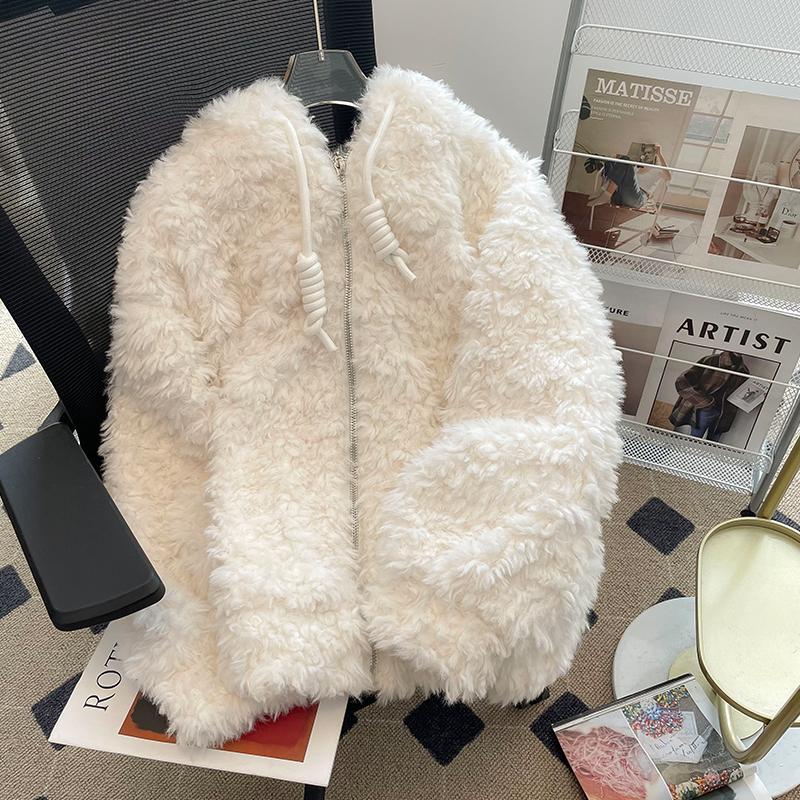 Winter 2023 new thickened lamb wool hooded cardigan coat for women, loose, fashionable and sweet long-sleeved plush coat