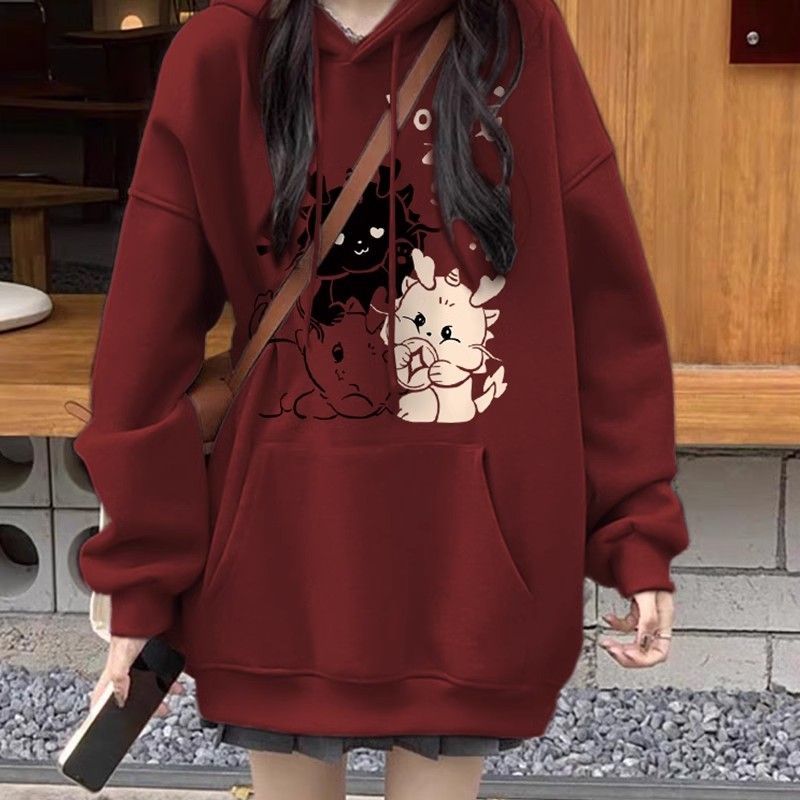 Heavy cotton silver fox velvet Year of the Dragon burgundy sweatshirt for women winter new loose oversize coat for small people