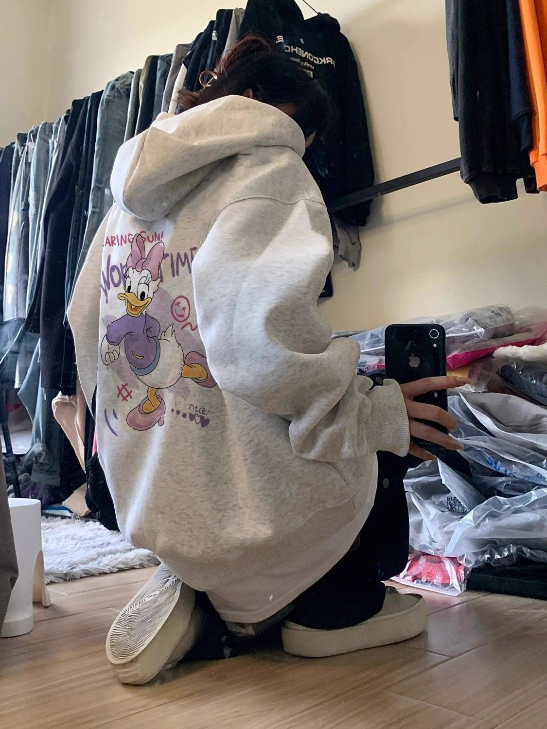 Heavyweight pure cotton silver fox velvet American retro cartoon hooded sweatshirt for women autumn and winter plus velvet loose lazy style jacket trend