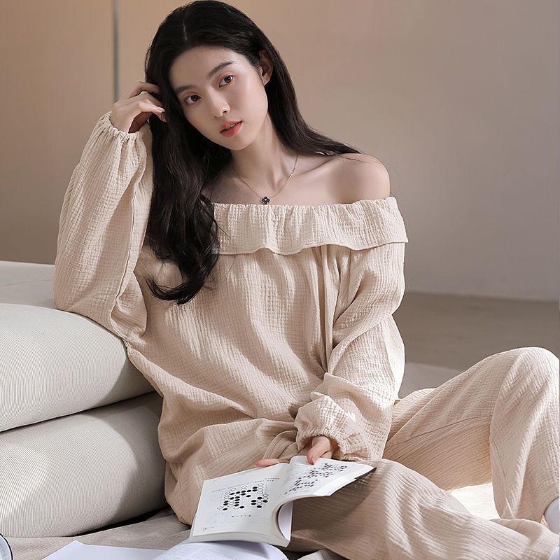 2024 new pure cotton pajamas for women spring and autumn loose one-shoulder long-sleeved princess style home wear suit that can be worn outside