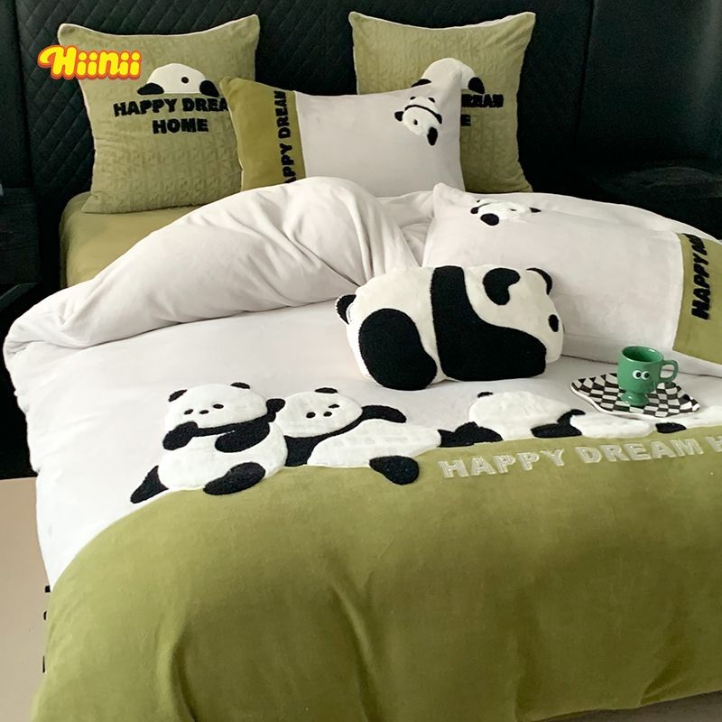 可爱熊猫加厚牛奶绒四件套冬季双面绒被套宿舍床单三件套床上用品