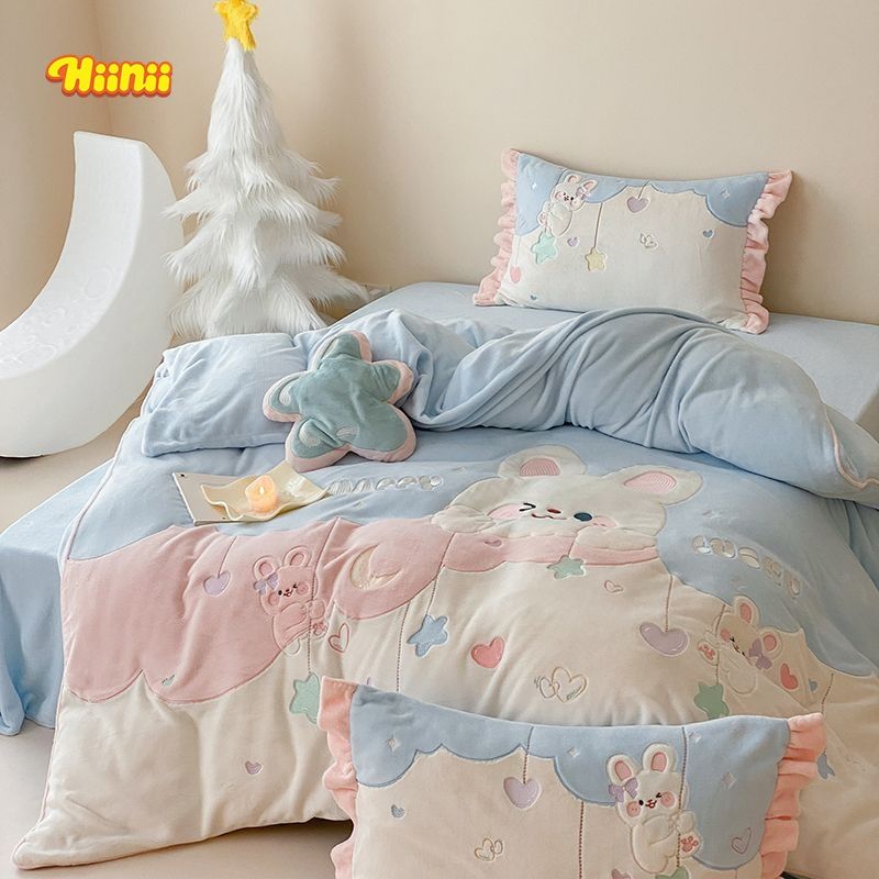 卡通兔子冬季加厚牛奶绒四件套双面珊瑚绒被套儿童床单三件套床品