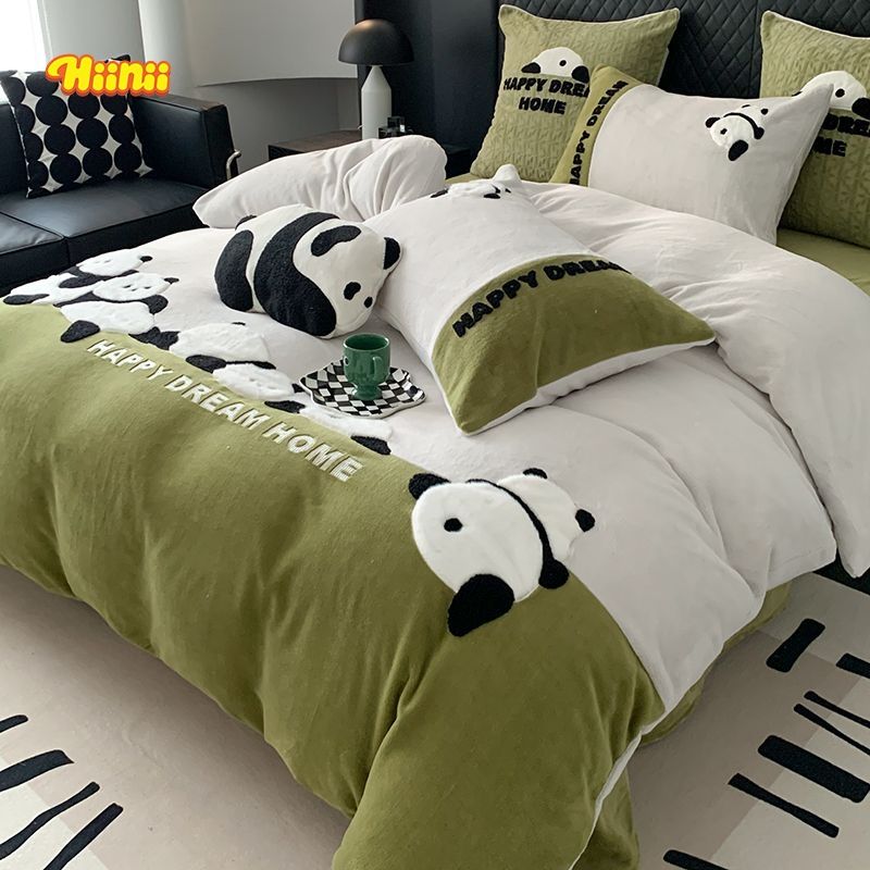 可爱熊猫加厚牛奶绒四件套冬季双面绒被套宿舍床单三件套床上用品