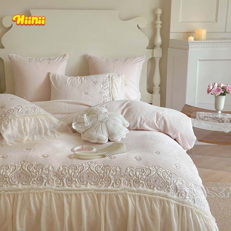 法式公主风秋冬季加厚雕花牛奶绒床上四件套花边床单加厚被套床品