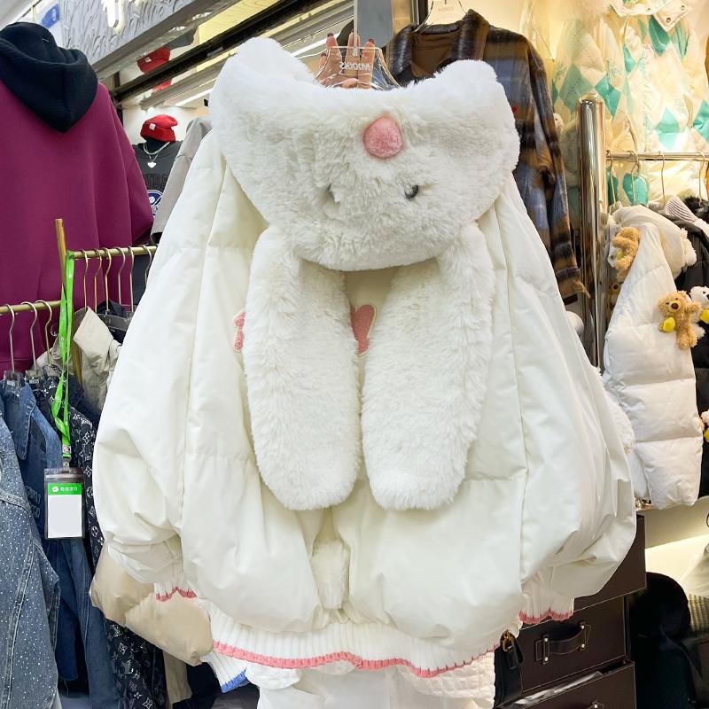 法式兔子小熊玩偶字母刺繡連帽棉服女冬季蝙蝠袖棉衣麵包服外套