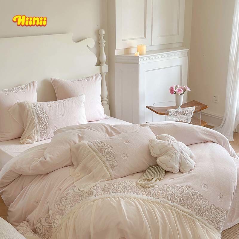 法式公主风秋冬季加厚雕花牛奶绒床上四件套花边床单加厚被套床品