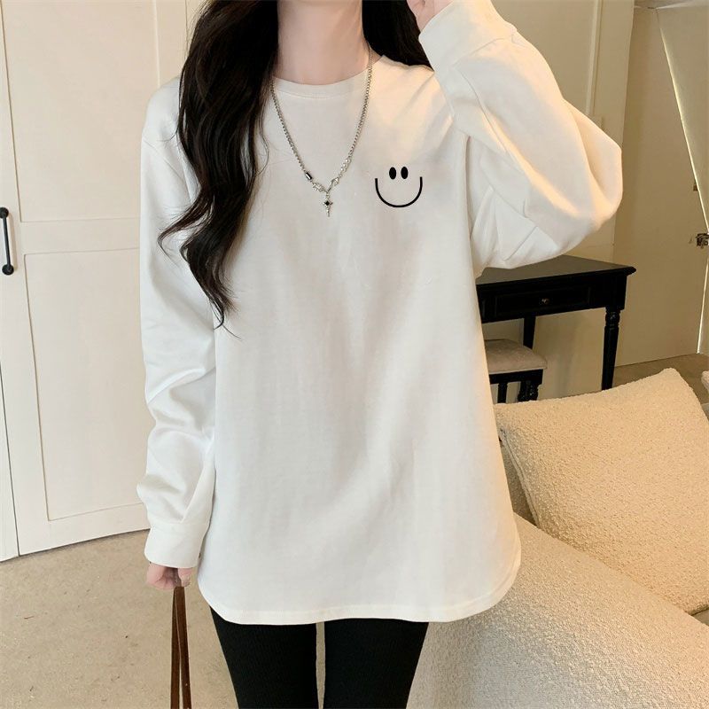 Heavyweight t-shirt white bottoming shirt for women in winter double-sided thickened loose large version lazy style inner long-sleeved top
