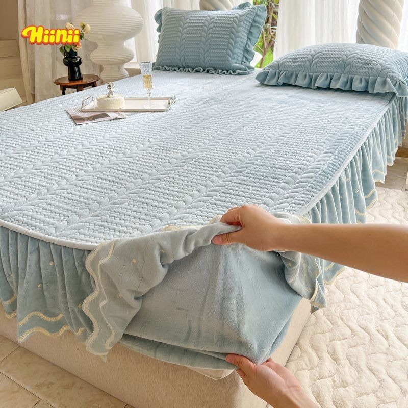 冬季保暖牛奶绒夹棉床笠式床裙二合一单件床罩床套三件套防滑床垫