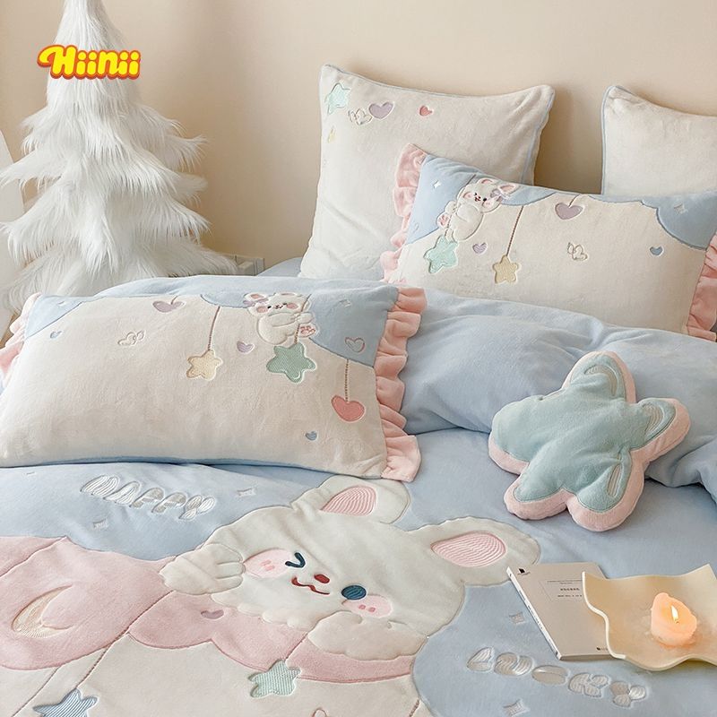 卡通兔子冬季加厚牛奶绒四件套双面珊瑚绒被套儿童床单三件套床品