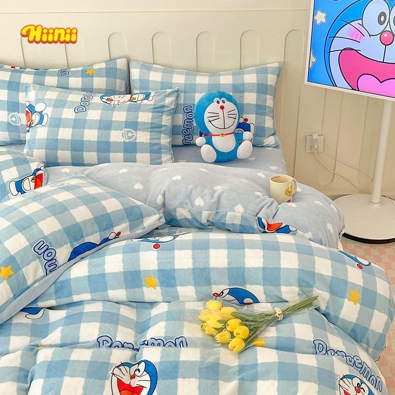叮当猫哆啦A梦牛奶绒床上四件套冬季儿童被套床单床笠三件套床品